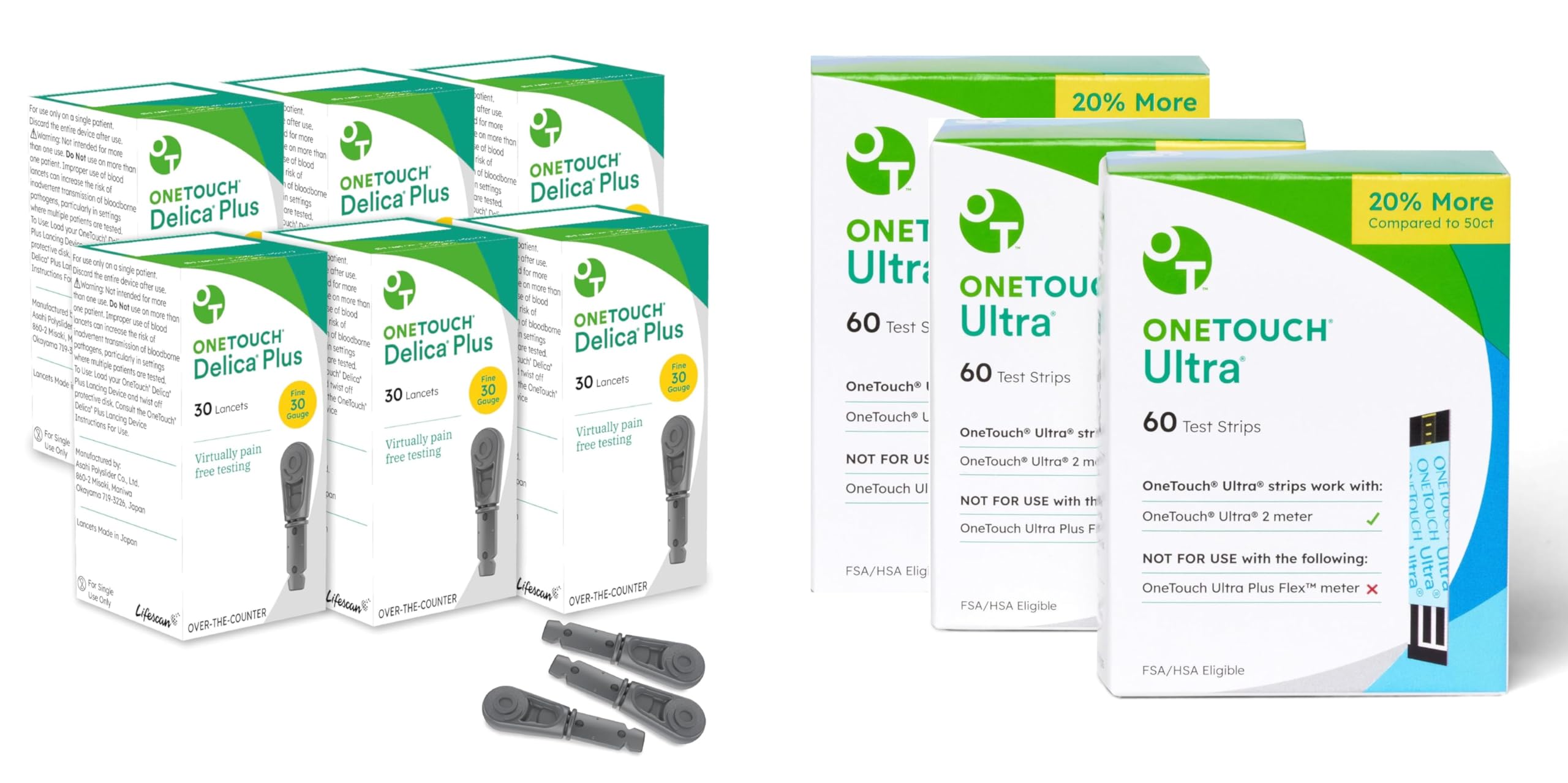 OneTouch Delica Plus lancets shown with silicone coating for smoother skin entry.