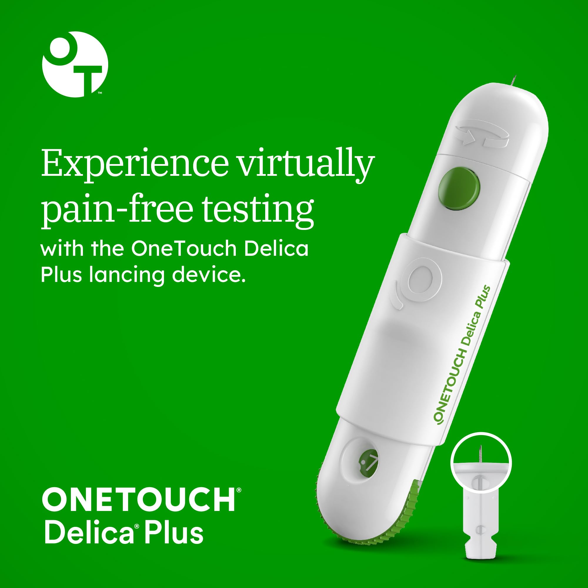 OneTouch Delica Plus lancing device with adjustable depth for comfort.
