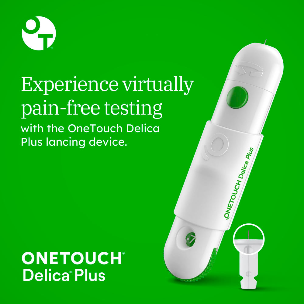 OneTouch Delica Plus lancing device with adjustable depth for comfort.
