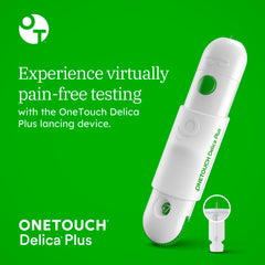 OneTouch Delica Plus lancing device with adjustable depth for comfort.