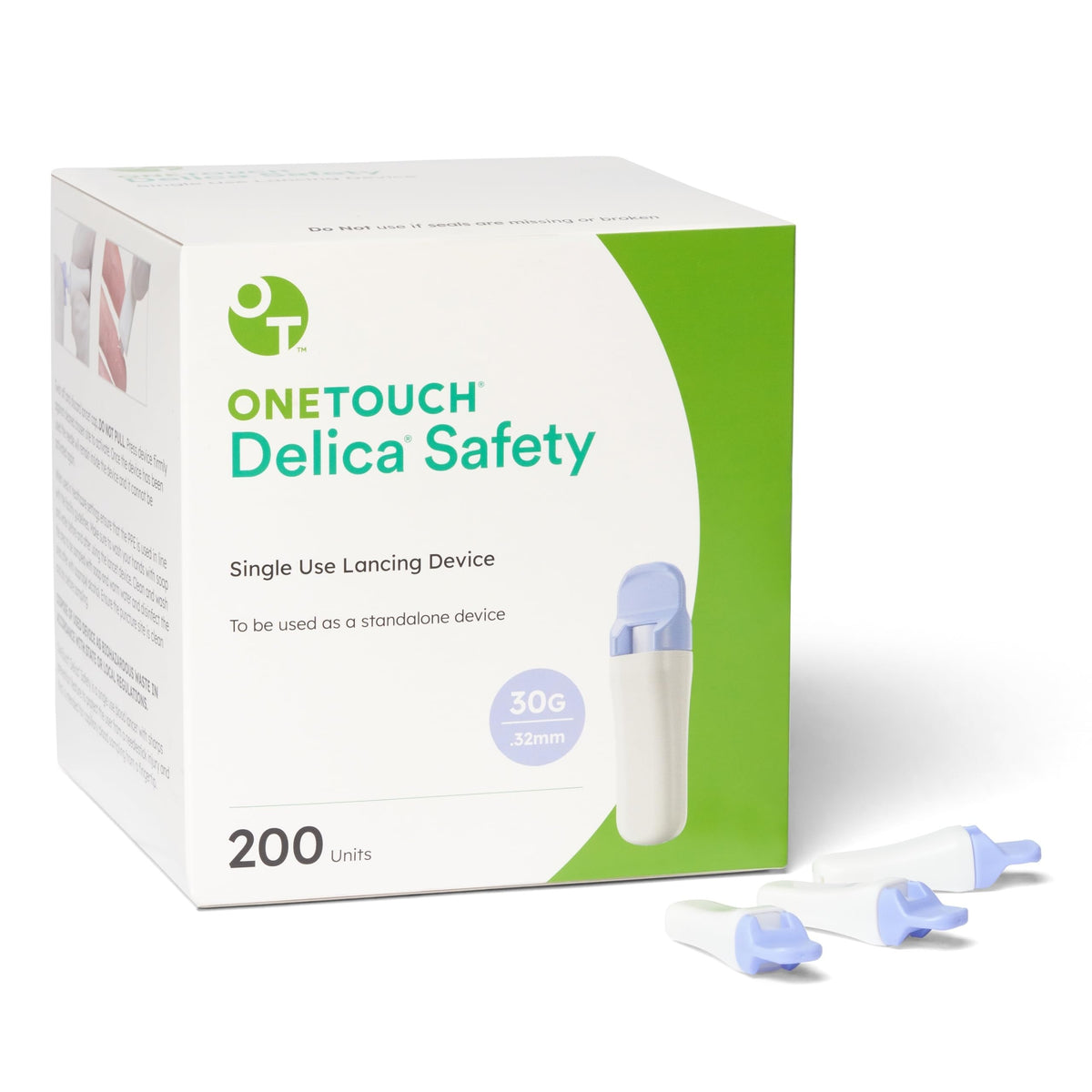 OneTouch Delica Safety lancing device with ergonomic grip for comfortable testing.