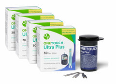 OneTouch Ultra Plus test strips bottle front, easy-access packaging for fast testing.