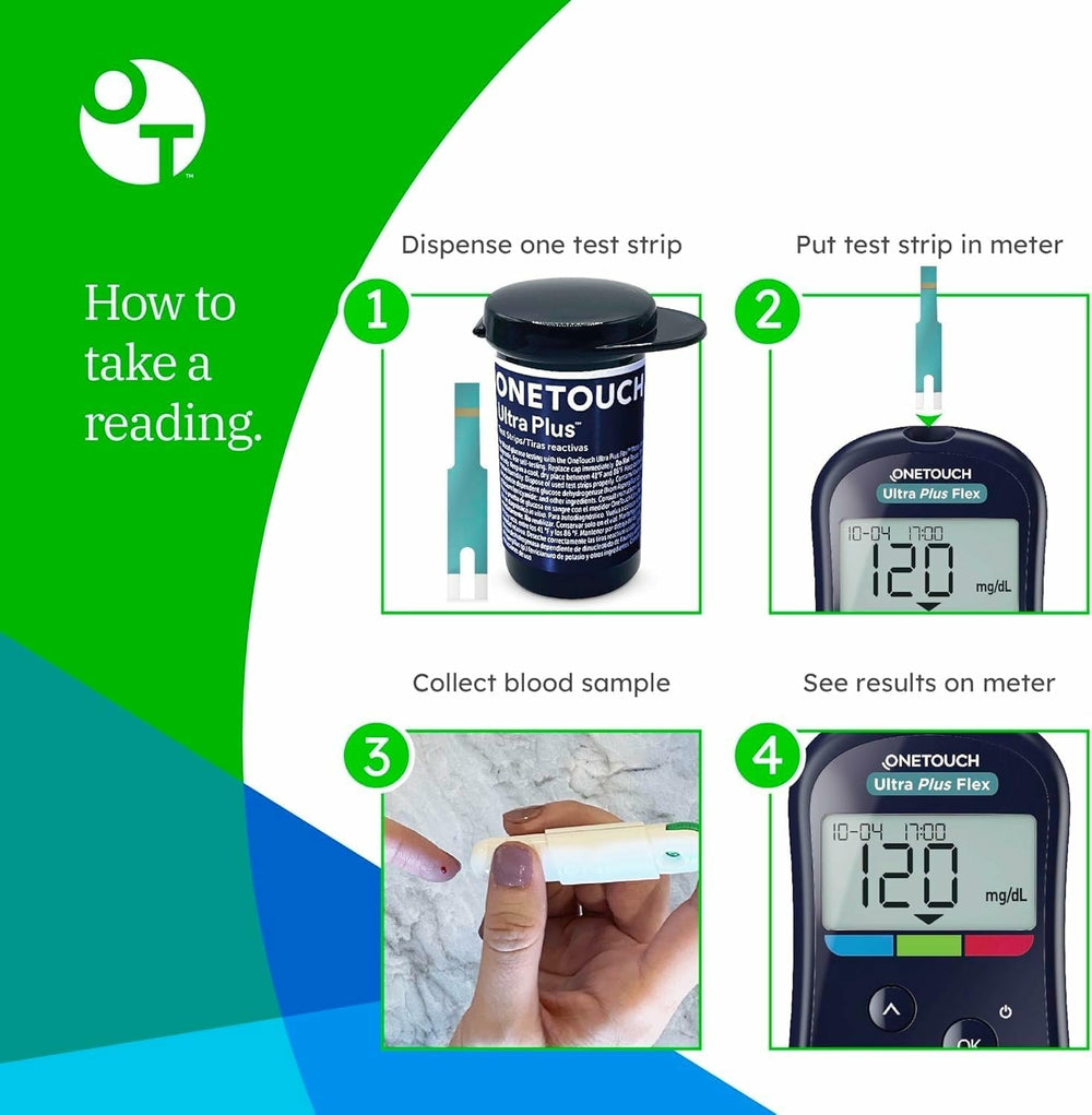 OneTouch Ultra Plus test strips results display, helps track daily patterns.