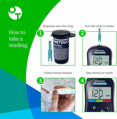 OneTouch Ultra Plus test strips results display, helps track daily patterns.