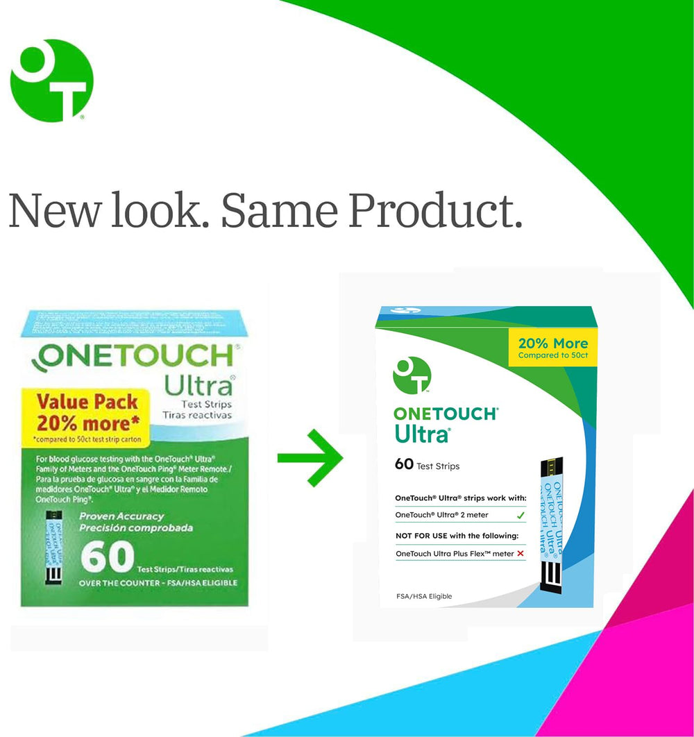 OneTouch Ultra test strips 120-count pack shown for convenient blood sugar monitoring
