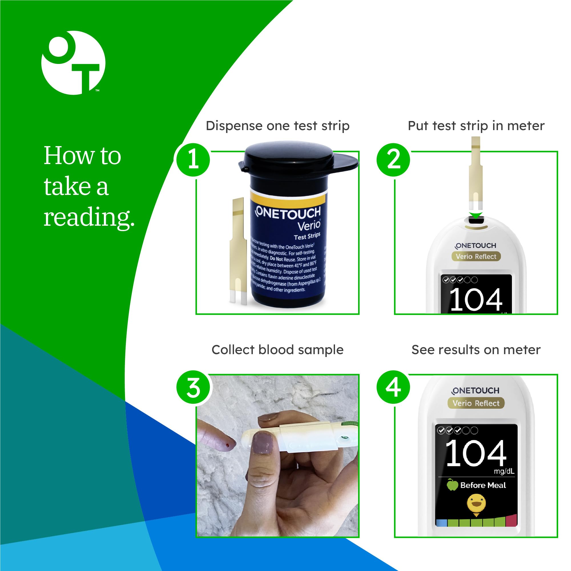 Verio strips used with compatible meter for fast readings.
