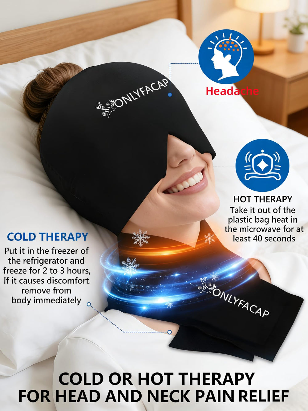Onlyfacap Migraine Cap and Neck Wrap, top view, thickened gel for lasting relief.