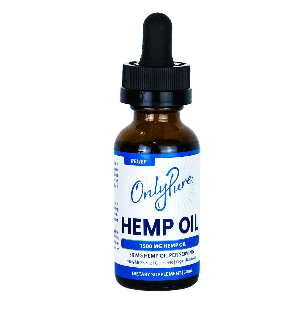 OnlyPure Relief hemp oil drops bottle shown for daily wellness support.