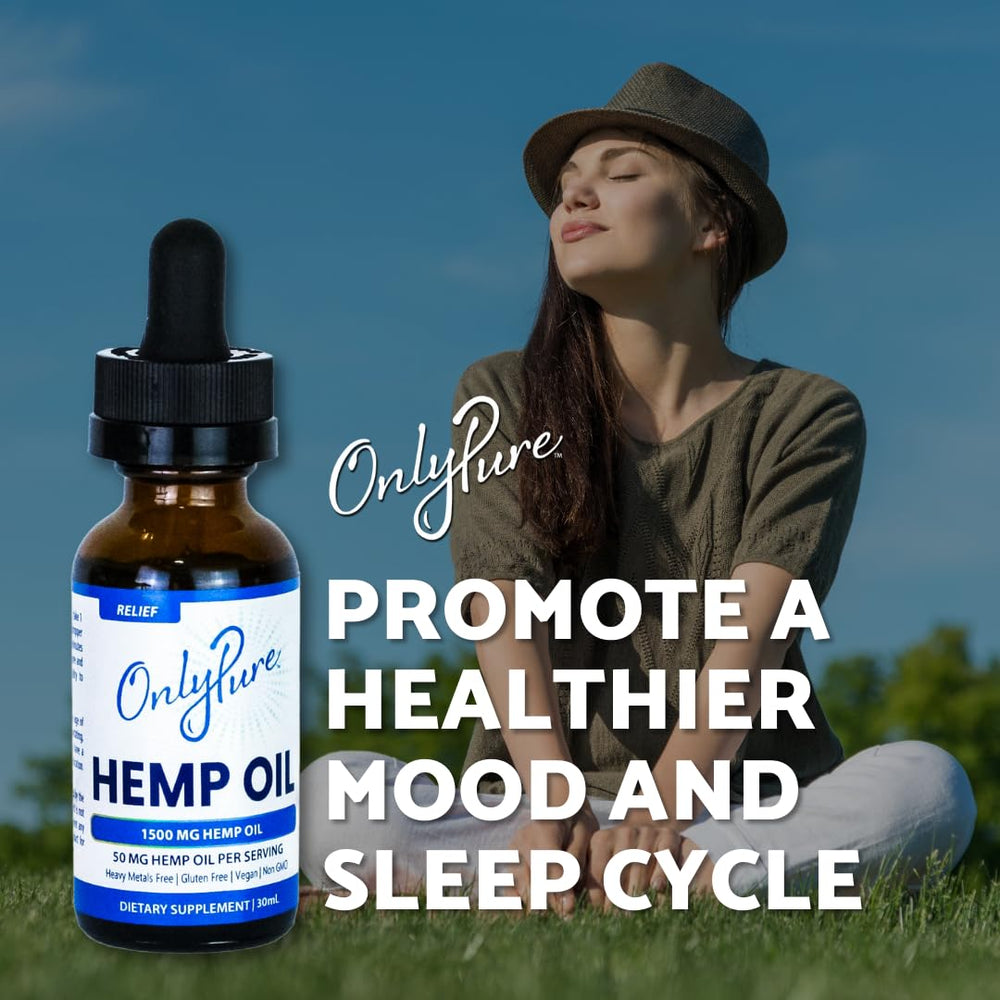 OnlyPure Relief hemp oil drops featured in a calm morning routine.