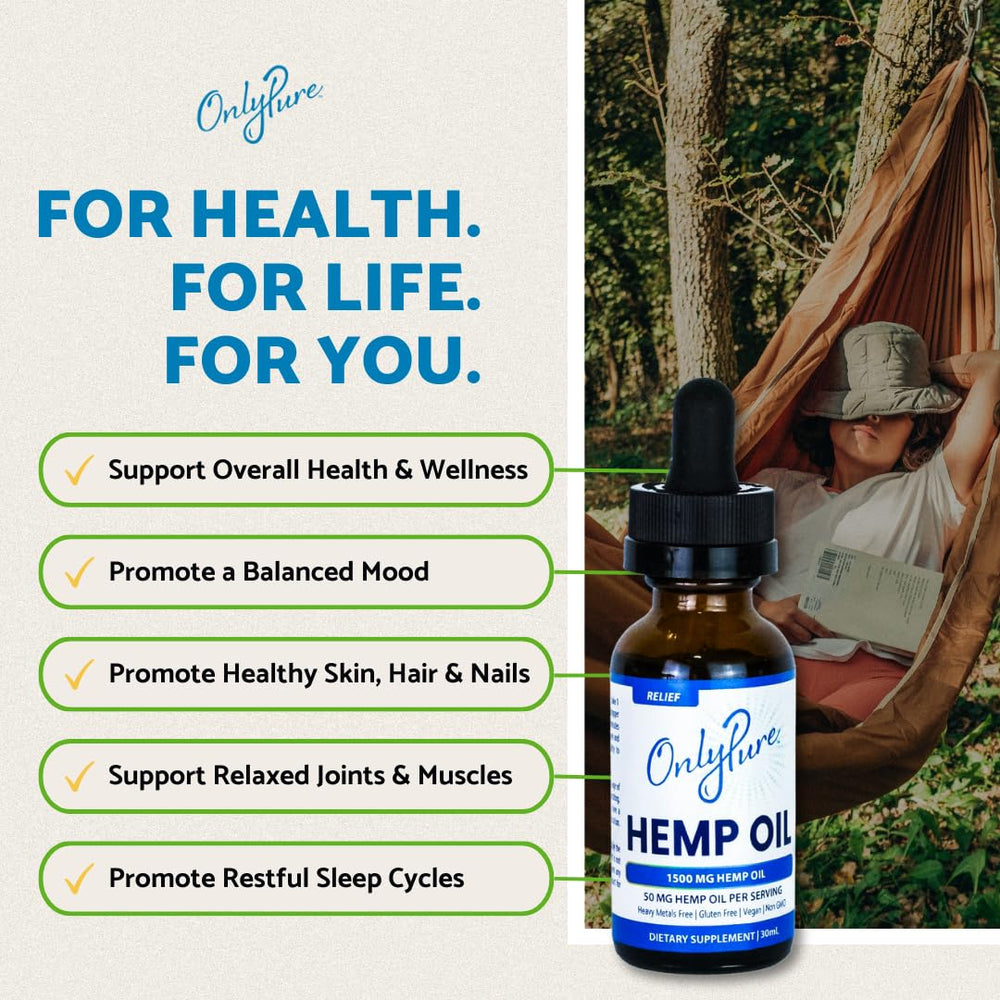 Pouring OnlyPure Relief hemp oil drops demonstrates easy daily dosing.