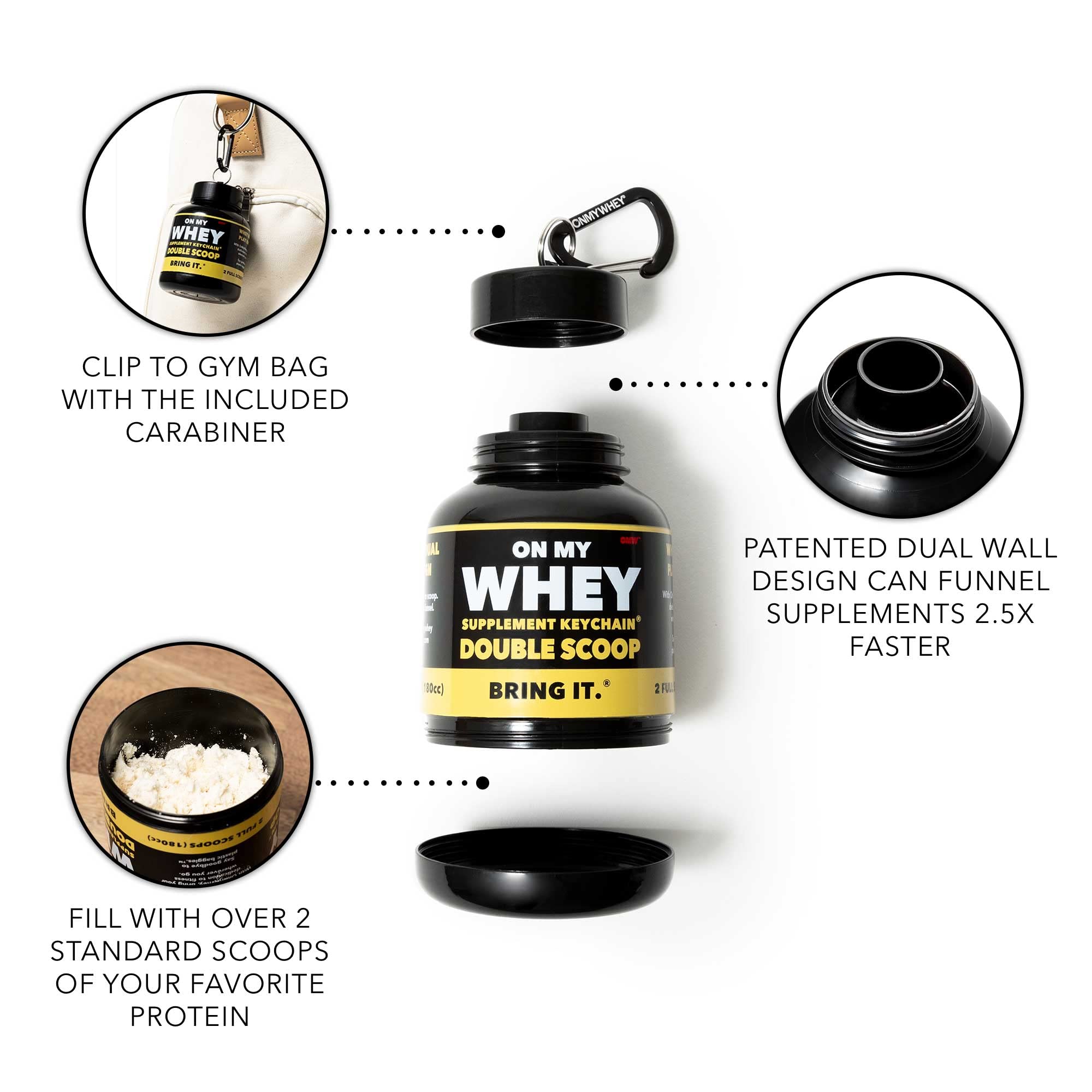 ONMYWHEY dual screw cap funnel enables mess-free pouring into any bottle.