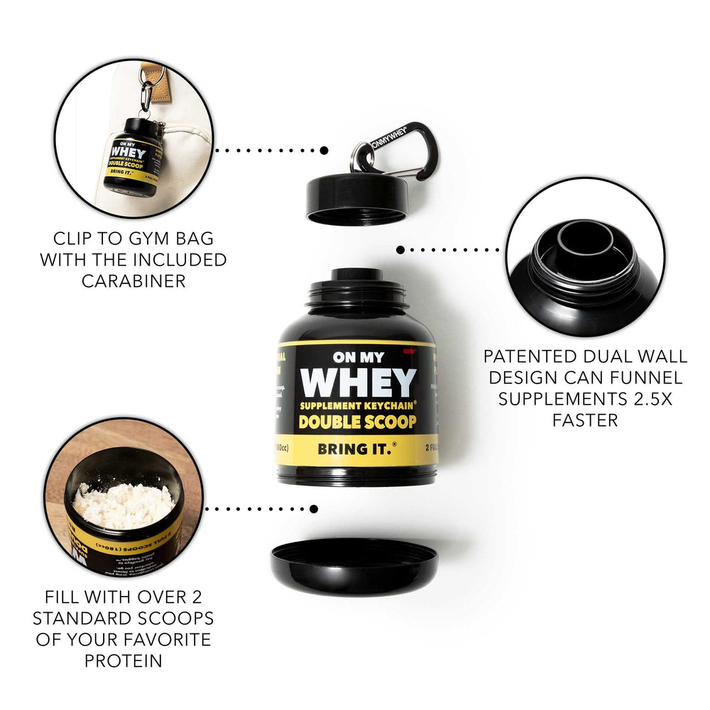 ONMYWHEY dual screw cap funnel enables mess-free pouring into any bottle.