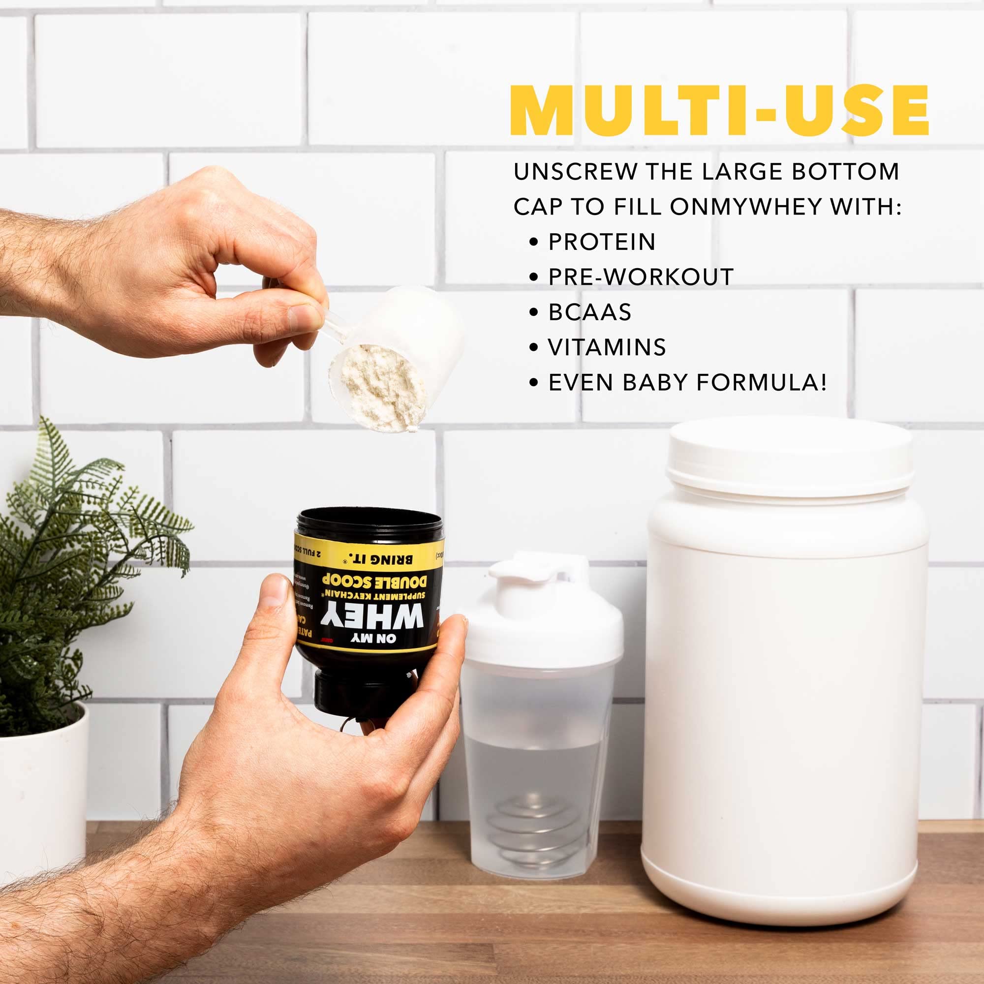 ONMYWHEY hash marks help measure doses with precision.