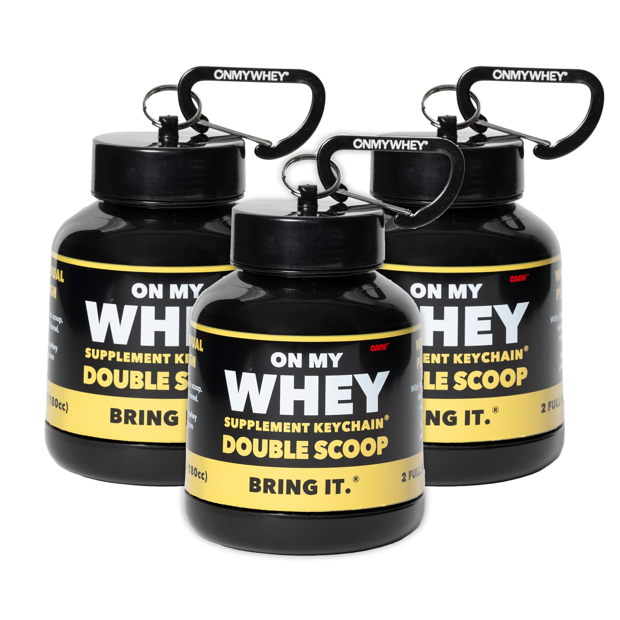 ONMYWHEY travel protein container showing compact on-the-go design for mixing.