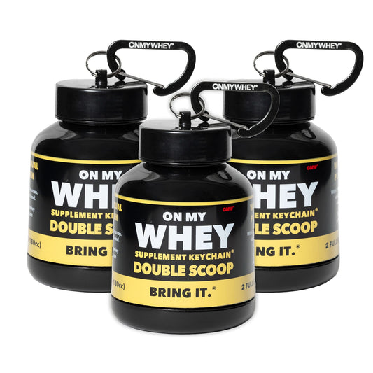 ONMYWHEY travel protein container showing compact on-the-go design for mixing.