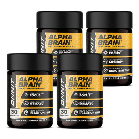 ONNIT Alpha Brain 4-bottle pack showing convenient focus support for daily use