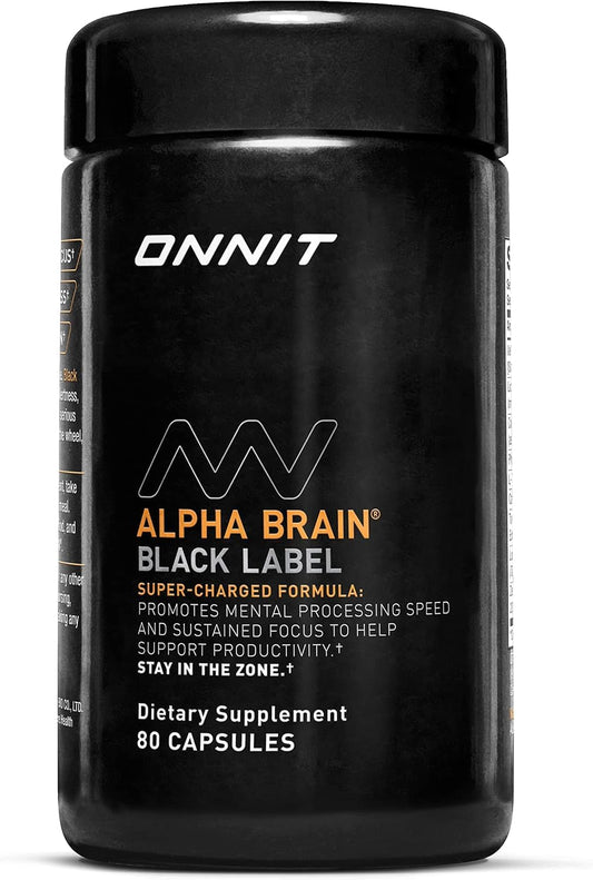 ONNIT Alpha Brain Black Label bottle for focused work sessions.