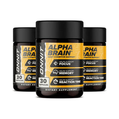 ONNIT Alpha Brain bottle 3ct on display suggesting focus support.