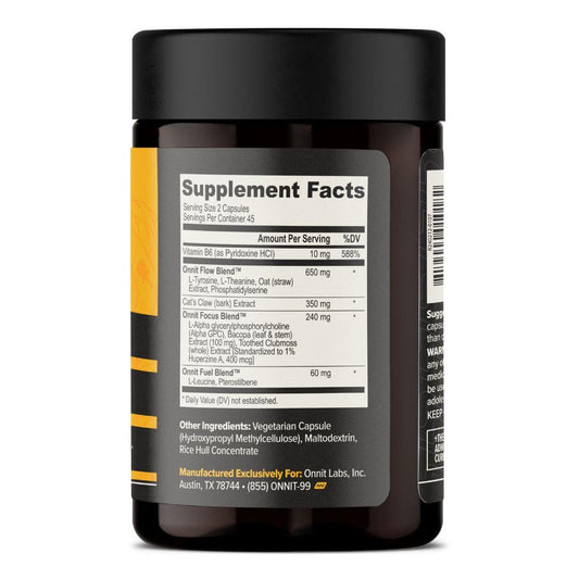 ONNIT Alpha Brain bottle back label showing ingredients and quality