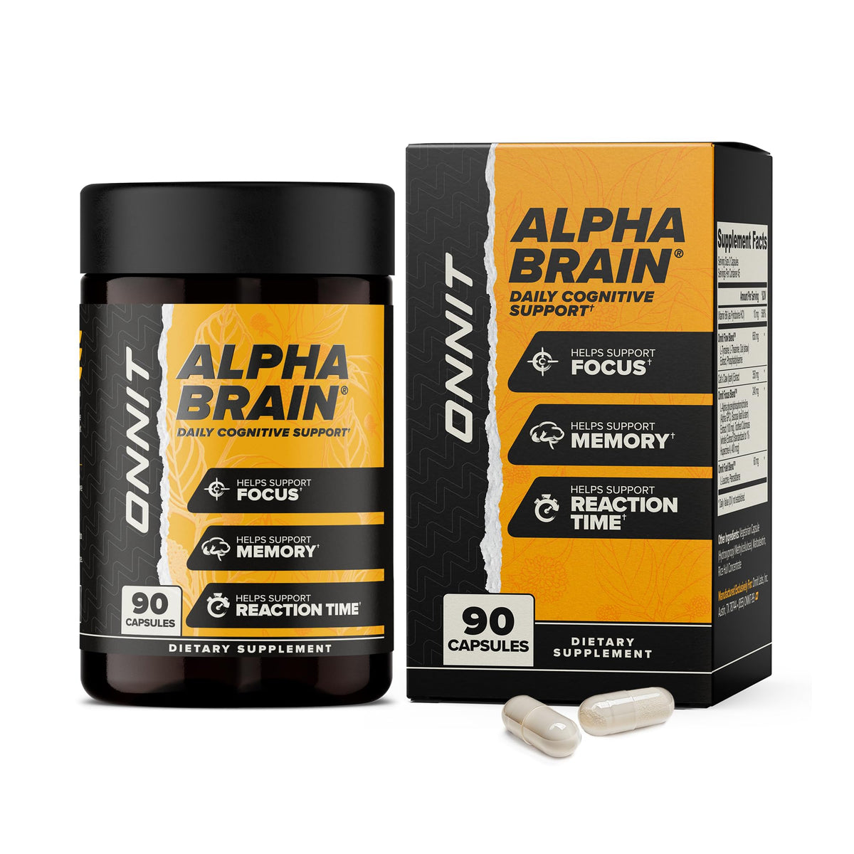 ONNIT Alpha Brain bottle front view for trusted cognitive support.