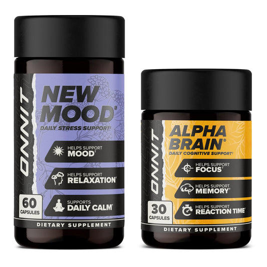 ONNIT Alpha Brain bottle label highlighting caffeine-free focus support.