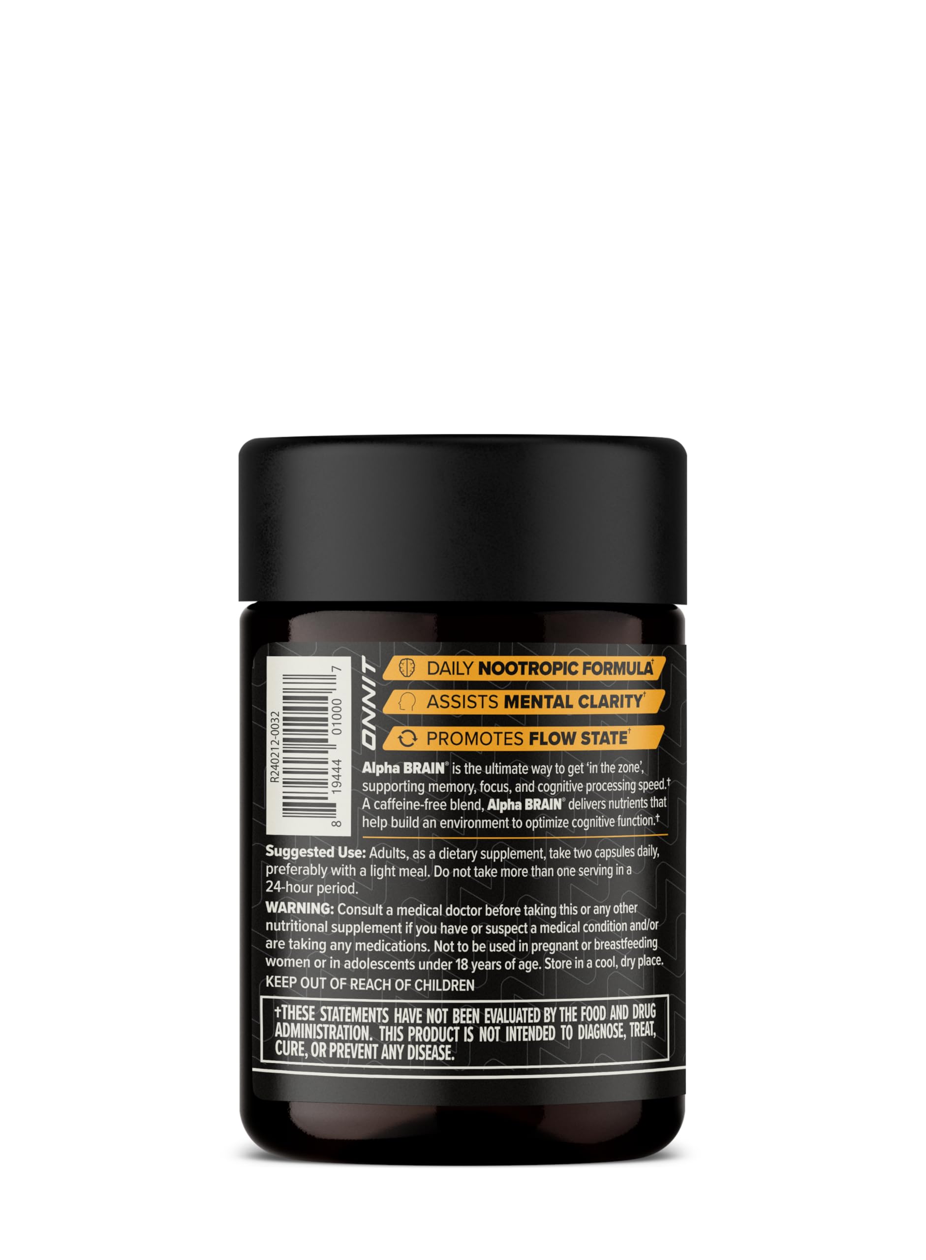 ONNIT Alpha Brain bottle label highlighting key ingredients