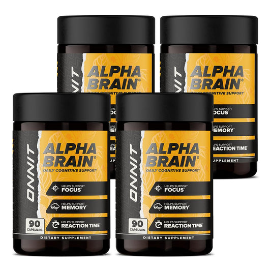 ONNIT Alpha Brain bottle pack on a desk suggesting focus support for studying.