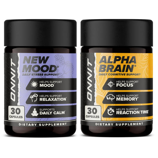 ONNIT Alpha Brain bottle close-up for cognitive focus.