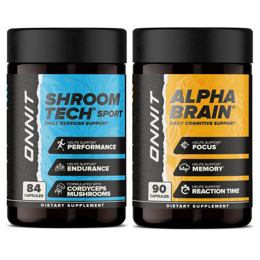 ONNIT Alpha Brain bottle close-up showing caffeine-free focus and mental clarity