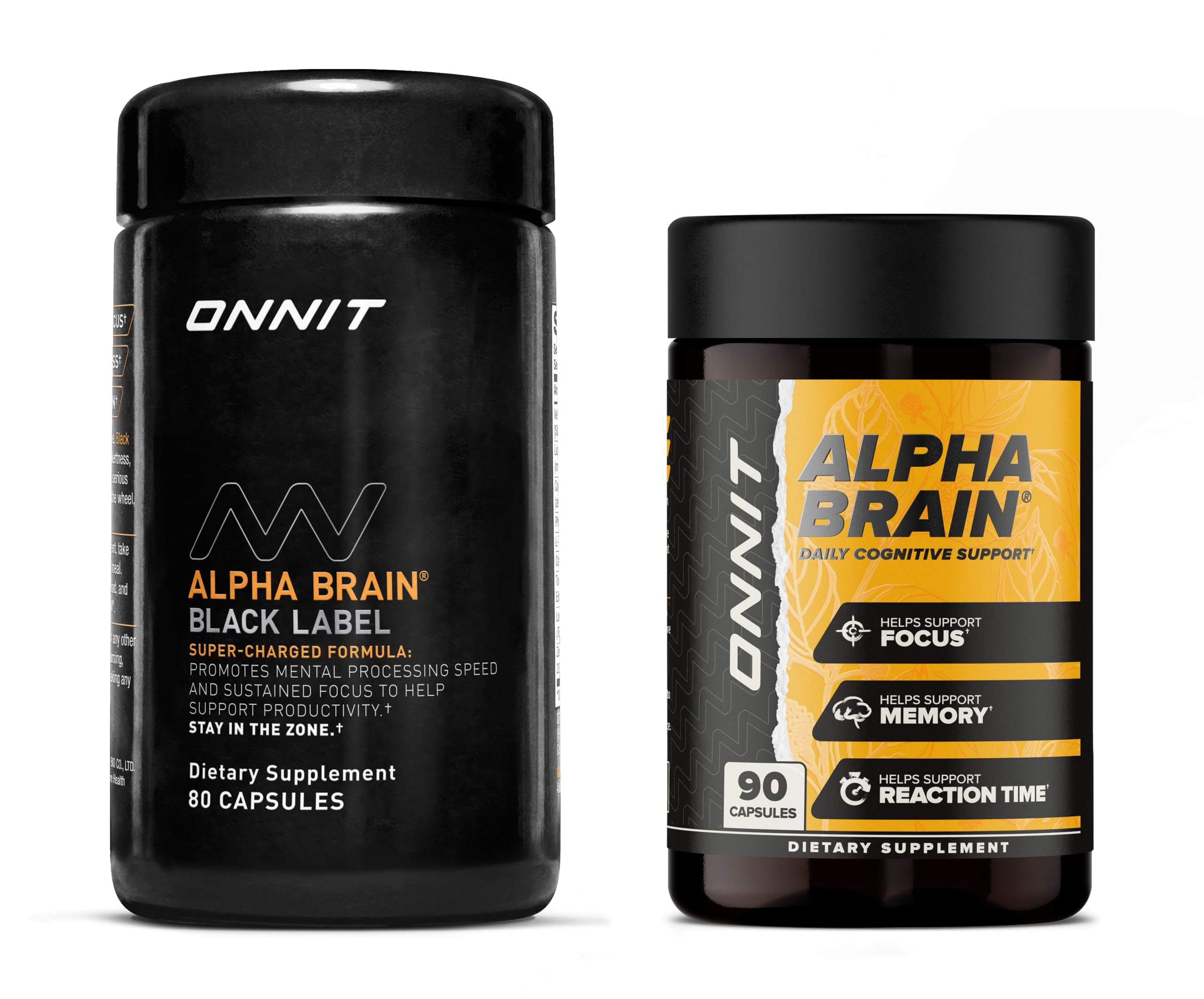 ONNIT Alpha Brain Classic bottle close-up, daily focus support.