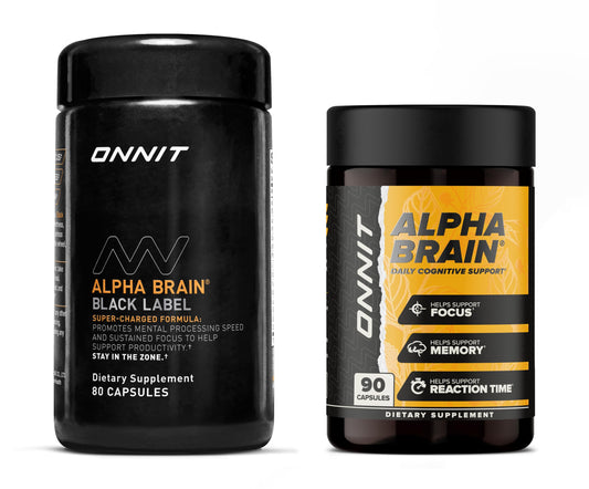 ONNIT Alpha Brain Classic bottle close-up, daily focus support.