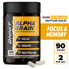 ONNIT Alpha Brain ingredient shot highlights Alpha GPC and L-Theanine.