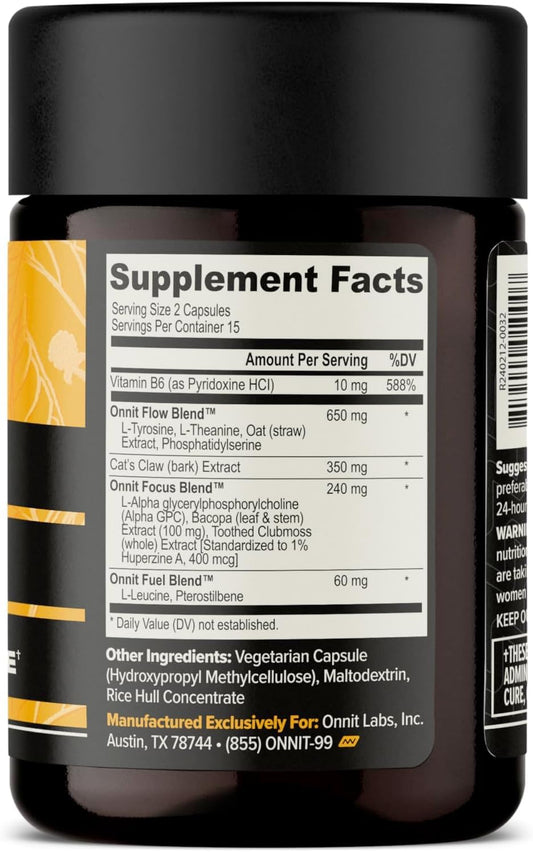 ONNIT Alpha Brain ingredients blend highlighting L-Theanine and B6 for clarity.