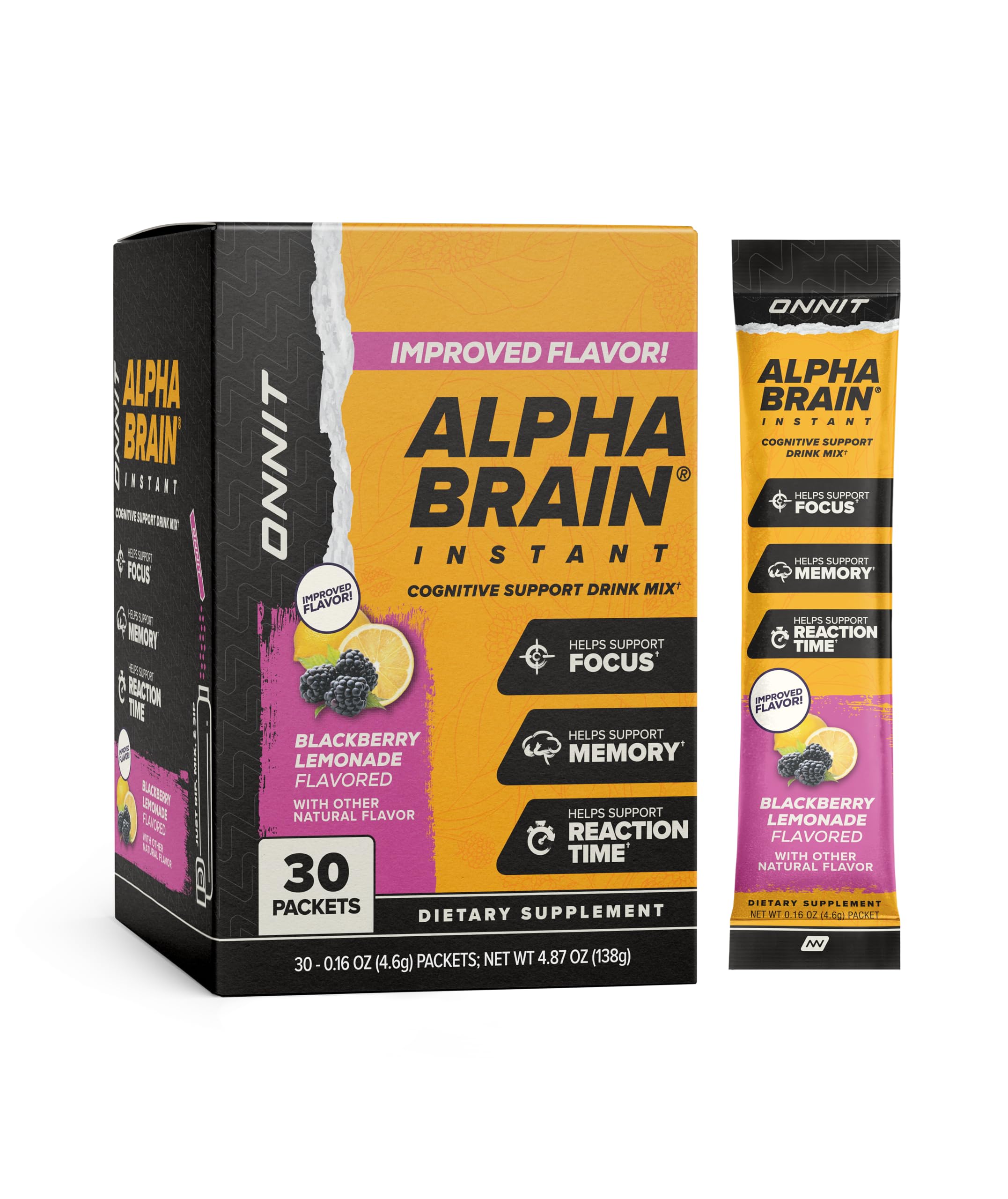 ONNIT Alpha Brain Instant blackberry-lemonade packet in hand for on-the-go focus.