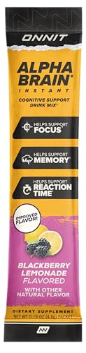 Front view of ONNIT Alpha Brain Instant box, showcasing caffeine-free cognitive support.