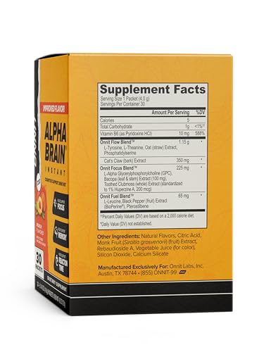 ONNIT Alpha Brain Instant peach packet on table for on-the-go use