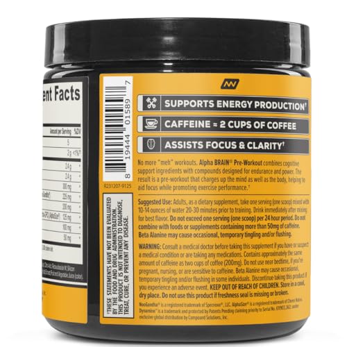 ONNIT Alpha Brain pre-workout ingredients-label focuses on non-GMO energy and mental sharpness.