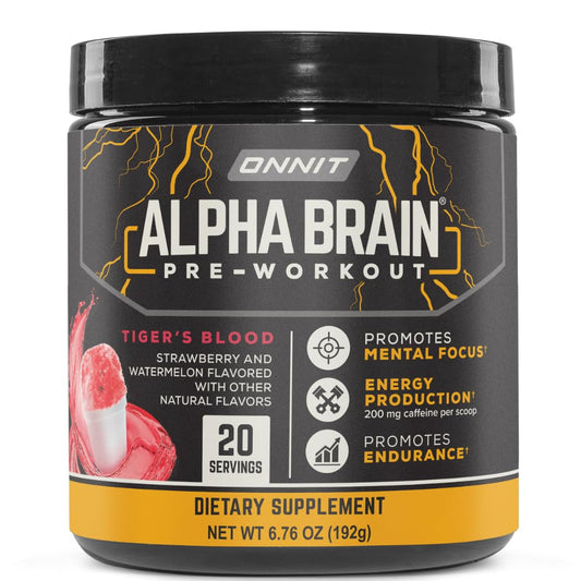 ONNIT Alpha Brain tiger's blood tub with label highlights clean energy and focus support.