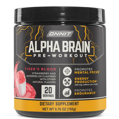 ONNIT Alpha Brain tiger's blood tub with label highlights clean energy and focus support.