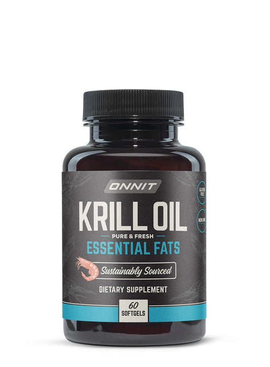 ONNIT Antarctic Krill Oil bottle shows easy-to-swallow softgels for daily use.