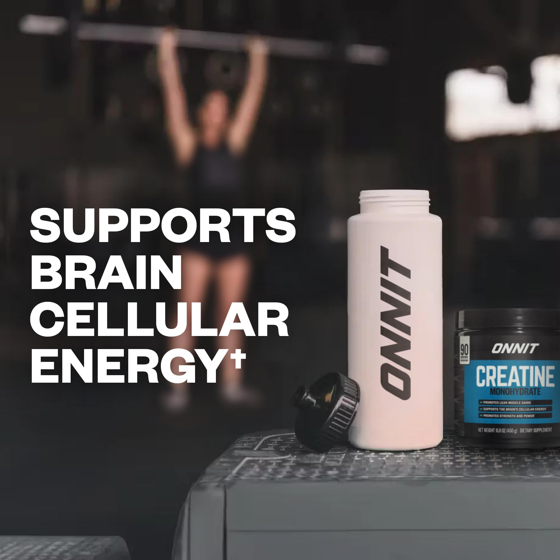 Bottle on a gym bench suggesting convenient daily use of creatine