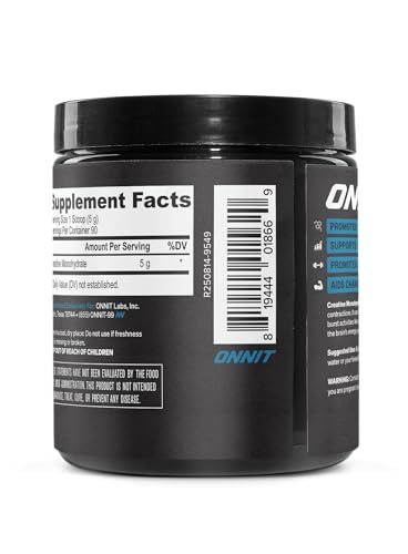 Closeup of ONNIT Creatine Monohydrate label highlighting value size and fillers-free