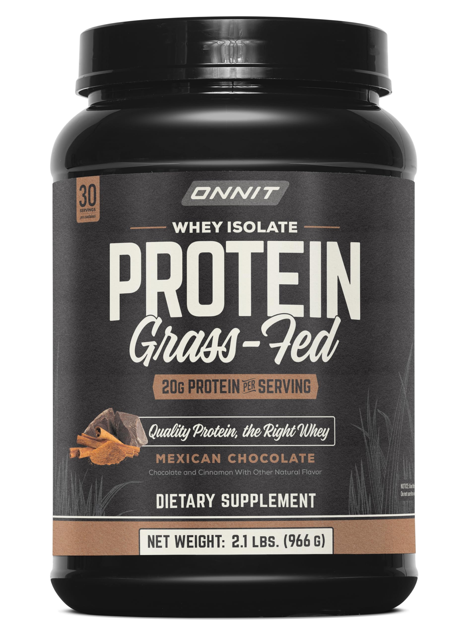 ONNIT Grass Fed Whey Isolate chocolate powder tub for daily shakes.