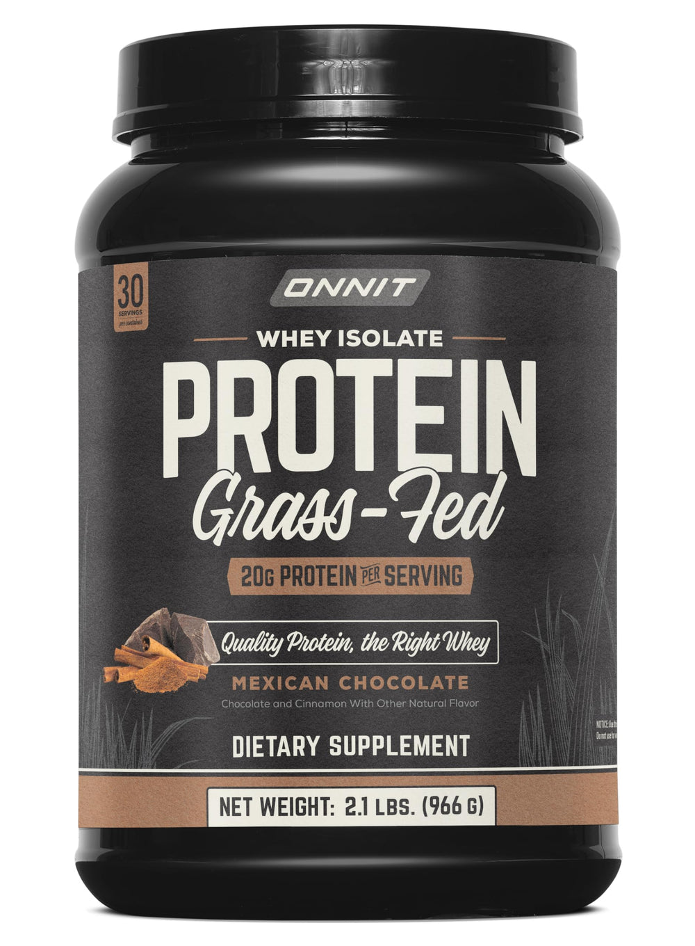 ONNIT Grass Fed Whey Isolate chocolate powder tub for daily shakes.