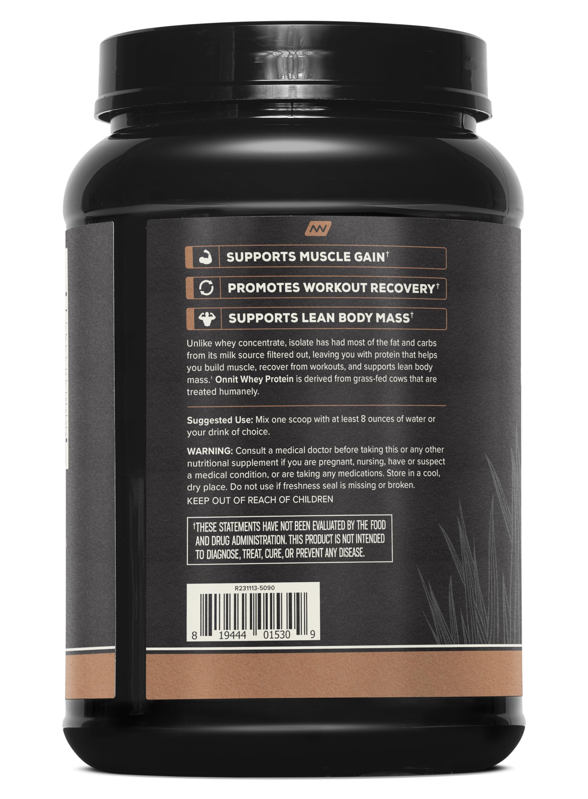 ONNIT Grass Fed Whey Isolate chocolate serving scoop for precise protein.
