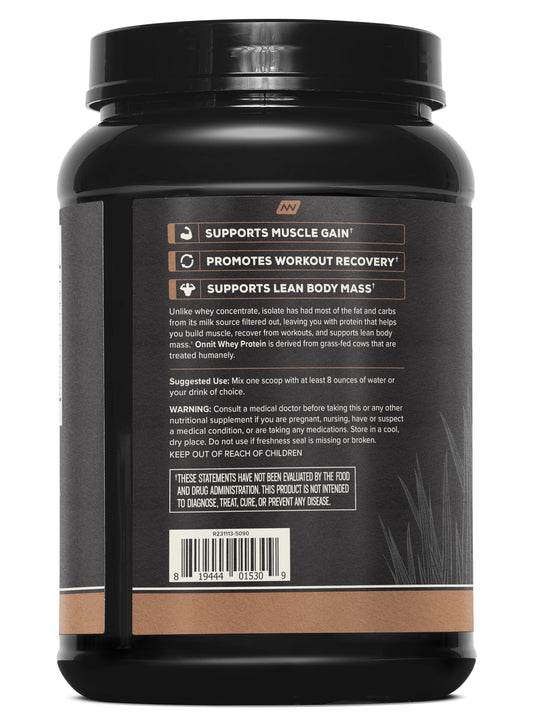 ONNIT Grass Fed Whey Isolate chocolate serving scoop for precise protein.