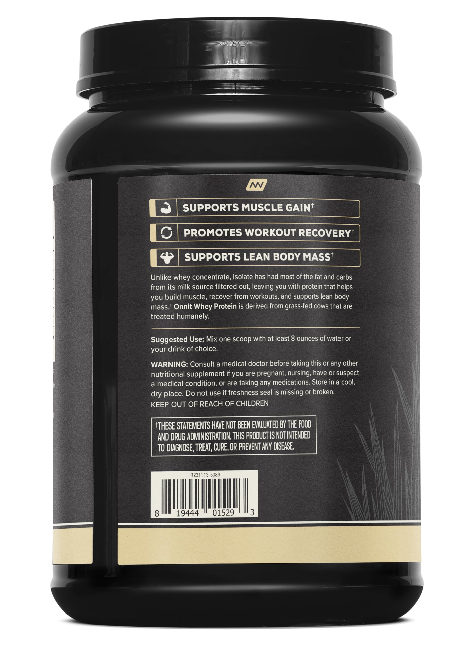 ONNIT Vanilla whey isolate ingredients panel showing non-GMO sourcing