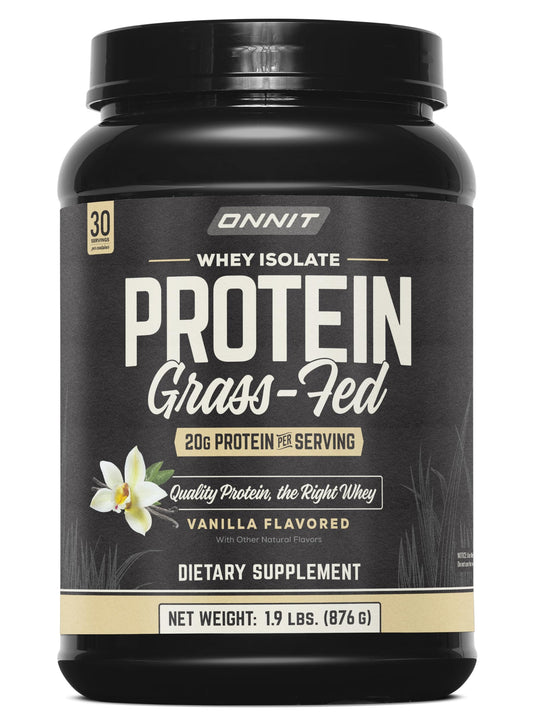 ONNIT Grass Fed Whey Isolate Vanilla tub closeup for lean muscle support