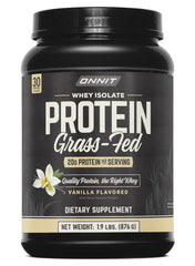 ONNIT Grass Fed Whey Isolate Vanilla tub closeup for lean muscle support