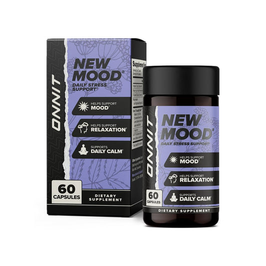 ONNIT New Mood bottle front view for daily stress support and balanced mood.